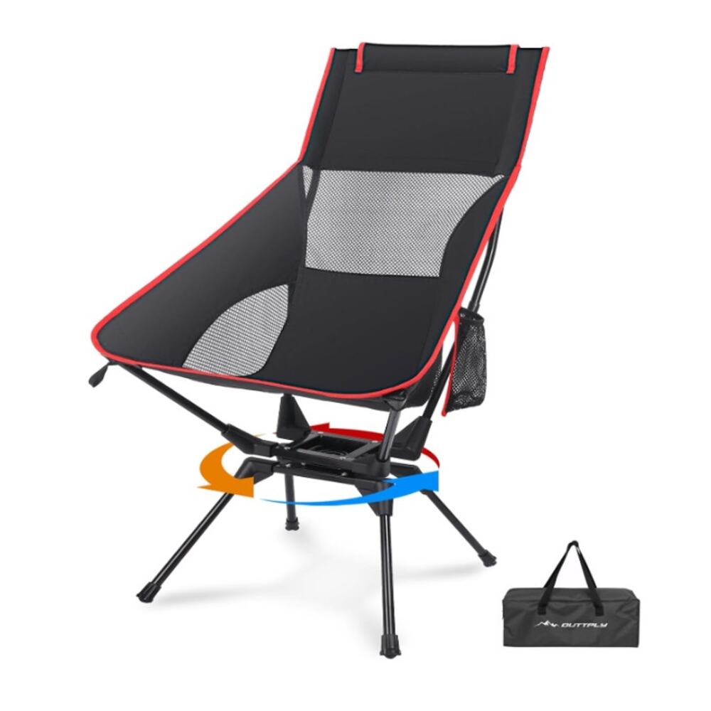 Swivel Camp Chair, High Back Folding Head Support, Side Cup Pocket, 300 lb max